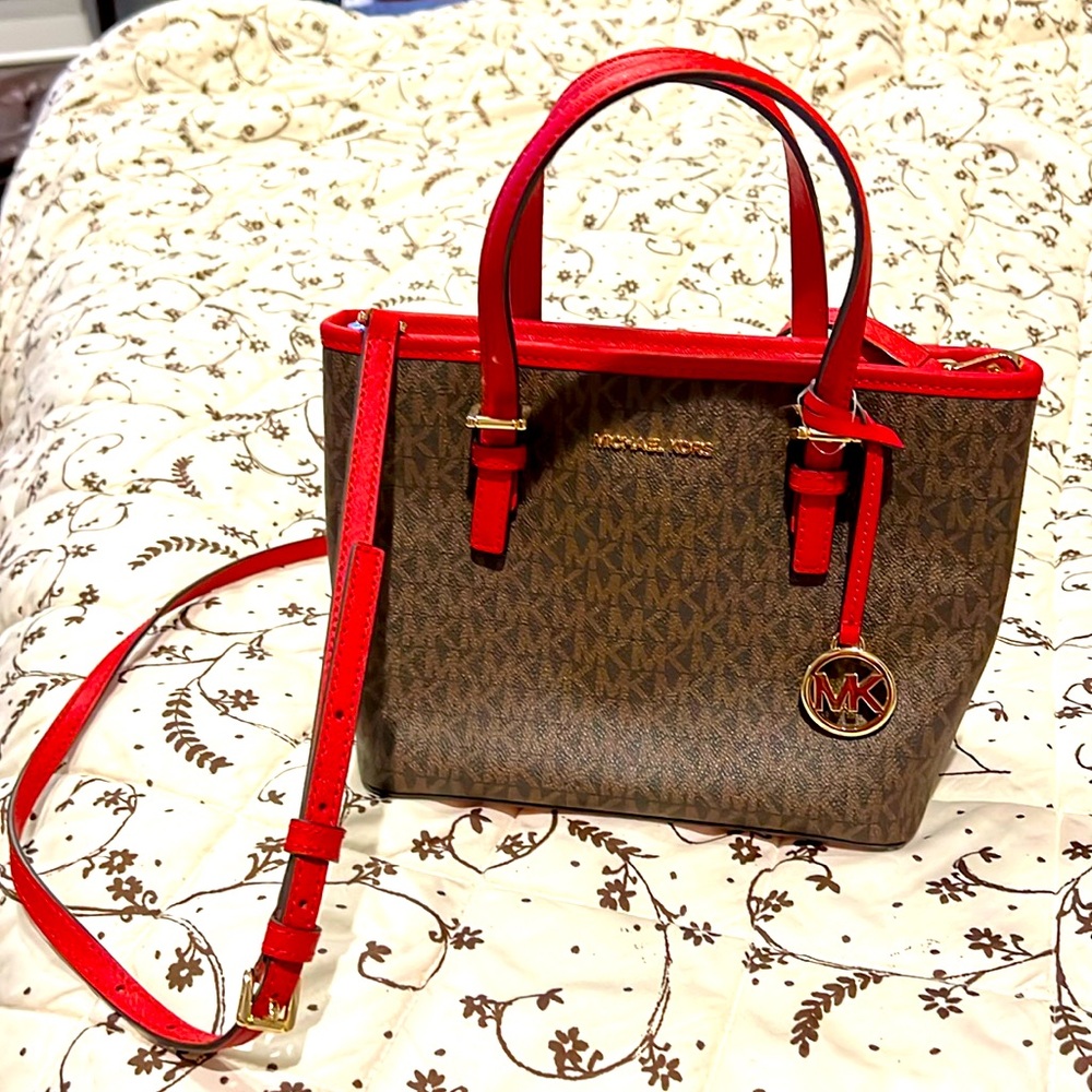 Brown/red Michael Kors mini tote